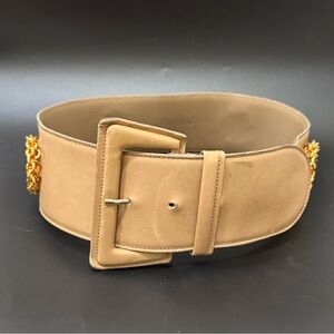 Vintage PALOMA PICASSO Gold-tone Circle Chain Accent Tan Leather Wide Belt M
